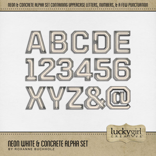 Great for creating one-of-a-kind titles for your digital scrapbooking pages, these neon alphabet letters and numbers by Lucky Girl Creative digital art are perfect for layering with your favorite photos and can be used for all themes and occasions. This alpha set is available as individual embellishments only. This alpha set kit is included in the Neon & Concrete Alpha Bundle.