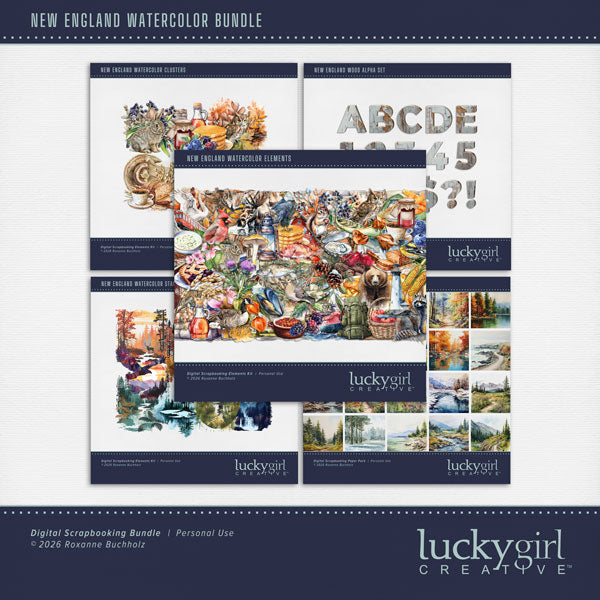 Add these beautiful watercolor embellishments, clusters, stamps, and papers by Lucky Girl Creative digital art to all your digital scrapbooking pages. Great for New England, Cape Cod, plus other outdoor and nature pages. Embellishments include bear, Canadian goose, cardinal, bird, dove, owl, swan, bunny, rabbit, chipmunk, eagle, flounder, fish, moose, racoon, autumn trees, branch, fall leaves, leaf, barn, blankets, canoe, boat, tug boat, ferry, hiking boots, bridge, buoy, log cabin, backpack, lantern, tent,