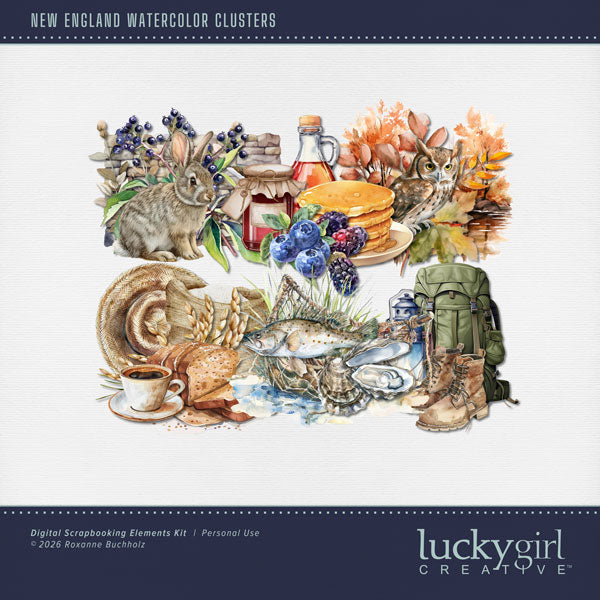 Add these beautiful easy-to-use watercolor cluster embellishments by Lucky Girl Creative digital art to all your digital scrapbooking pages. Great for New England plus other outdoor and nature pages. Embellishment clusters include owl, camping gear, backpack, lantern, hiking boots, fish, oysters, pancakes, berries, syrup, jam, wheat bread, coffee, rabbit, and more. This kit is included in the New England Watercolor Bundle.