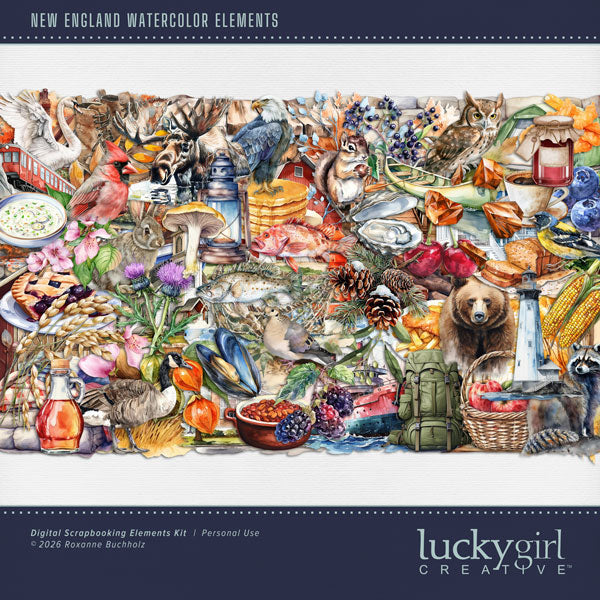 Add these beautiful watercolor embellishments by Lucky Girl Creative digital art to all your digital scrapbooking pages. Great for New England, Cape Cod, plus other outdoor and nature pages. Embellishments include bear, Canadian goose, cardinal, bird, dove, owl, swan, bunny, rabbit, chipmunk, eagle, flounder, fish, moose, racoon, autumn trees, branch, fall leaves, leaf, barn, blankets, canoe, boat, tug boat, ferry, hiking boots, bridge, buoy, log cabin, backpack, lantern, tent, wood, logs, coffee, church