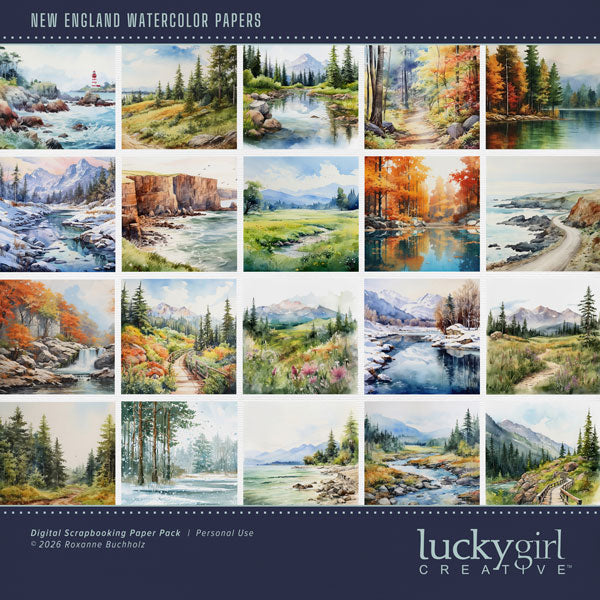 Add these beautiful watercolor papers by Lucky Girl Creative digital art to all your digital scrapbooking pages. Great for New England plus other ocean, lake, forest, and mountain areas as well as activities such as camping and hiking. This kit is included in the New England Watercolor Bundle.