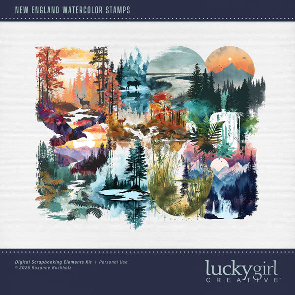 Add these beautiful watercolor overlay stamps by Lucky Girl Creative digital art with transparent backgrounds to all your digital scrapbooking pages. Great for New England plus other lake, forest, and mountain areas. Stamps include forest, wetlands, fern, waterfall, river, snow, fall, autumn, deer, eagle, mountain, moose, bear, and more. This kit is included in the New England Watercolor Bundle.