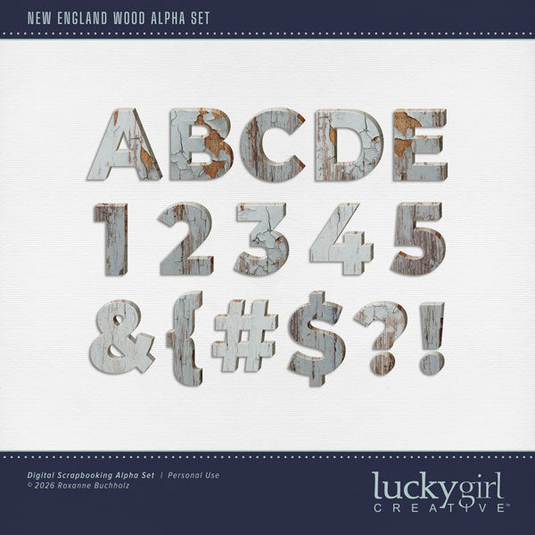 Create one-of-a-kind page titles with these distressed light gray wood alphabet letters, numbers, and punctuation. The alpha set consists of a full set of digital art uppercase alphabet letters A-Z, lowercase numbers 0-9, and most punctuation marks. This alpha set is available as individual embellishments only. This kit is included in the New England Watercolor Bundle.