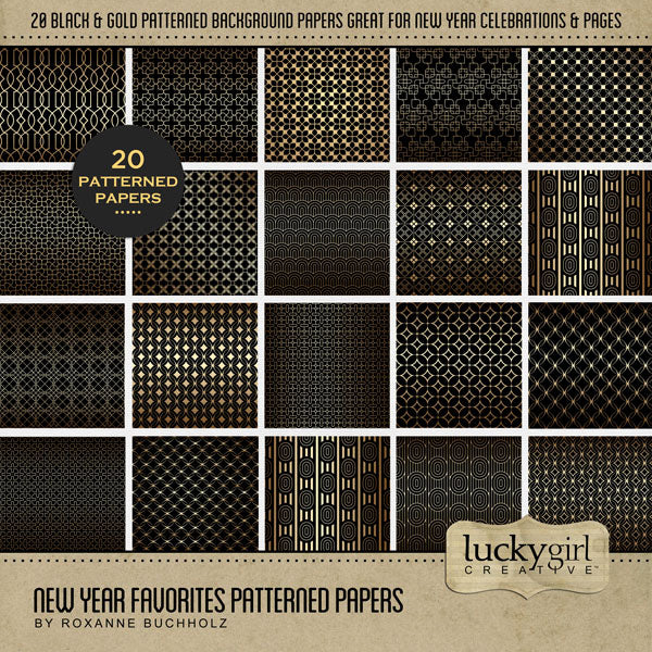 With elegant gold geometric patterns against a black background, these digital scrapbooking papers by Lucky Girl Creative digital art are great for special occasions including New Year's, graduation, wedding, anniversary, black tie events, and more! This kit is included in the New Year Favorites Papers Bundle.