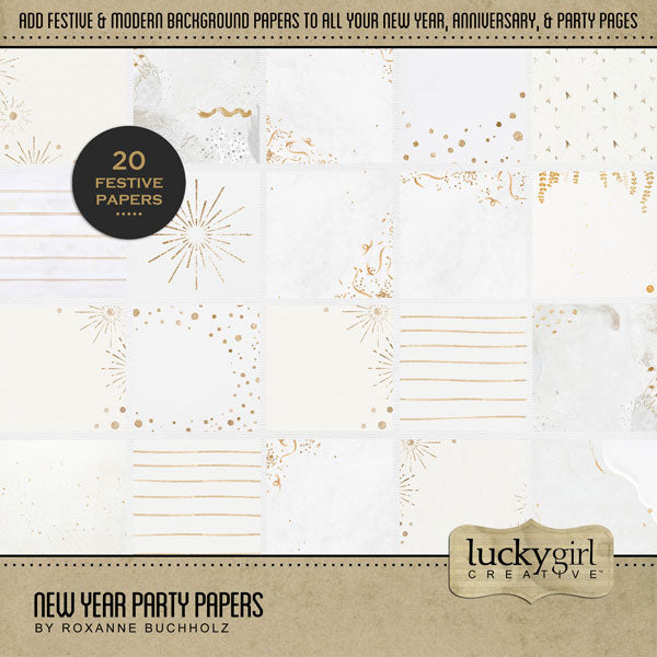 Add festive and modern digital scrapbooking background papers by Lucky Girl Creative digital art to all your New Year, anniversary, wedding, and party pages! On neutral white backgrounds, these papers offer a touch of confetti, glitter, streamers, fireworks, and stripes. This kit is included in the New Year Watercolor Mega Bundle.