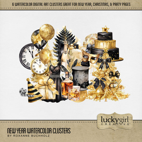 Add festive and modern digital scrapbooking watercolor clusters by Lucky Girl Creative digital art to all your New Year and party pages for that sophisticated touch of class! Note: The clusters cannot be ungrouped and should be used as-is. Gold and black cluster embellishments include Christmas tree, balloons, clocks, champagne, gift, presents, party hat and horn, top hat, whiskey, and ornaments. 