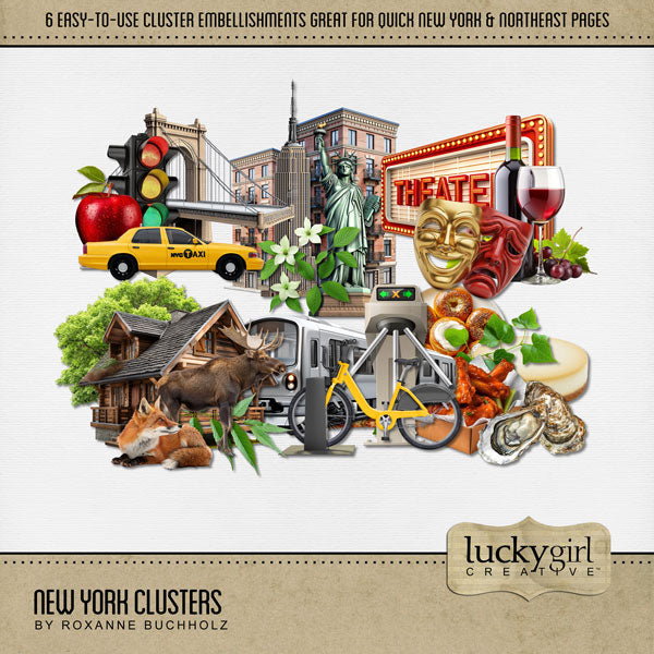 Celebrate New York with these beautiful and realistic easy-to-use cluster embellishments by Lucky Girl Creative digital art for digital scrapbooking. Simply drop on your page and go! Great for travel and vacations to New York, New York City, Upstate New York, downtown, Niagara Falls, Buffalo, Yonkers, Rochester, parts of Canada, and more. Embellishments include taxi cab, bridge, red apple, apartment building, Statue of Liberty, theater sign, theater masks, wine, cabin, moose, turnstile, subway.