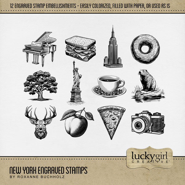 Celebrate New York with these beautiful engraved stamp embellishments by Lucky Girl Creative digital art for digital scrapbooking. Great for travel and vacations to New York, New York City, Upstate New York, downtown, Niagara Falls, Buffalo, Yonkers, Rochester, parts of Canada, and more. Use as is or fill with your favorite color or paper. Embellishments include beaver, deer, camera, tourist, Empire State Building, bagel, coffee, deli sandwich, pizza, piano, Statue of Liberty, and tree.