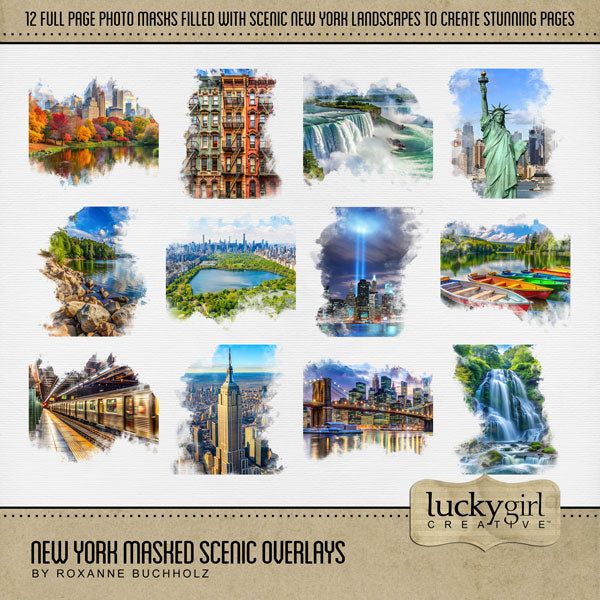 Celebrate New York with these beautiful masked scenic overlay embellishments by Lucky Girl Creative digital art for digital scrapbooking. With transparent edges, these masked photographs blend seamlessly into any background paper and make the perfect backdrop for all digital scrapbooking pages. Great for travel and vacations to New York, New York City, Upstate New York, downtown, Niagara Falls, Buffalo, Yonkers, Rochester, parts of Canada, and more. Embellishments include downtown buildings, apartment.