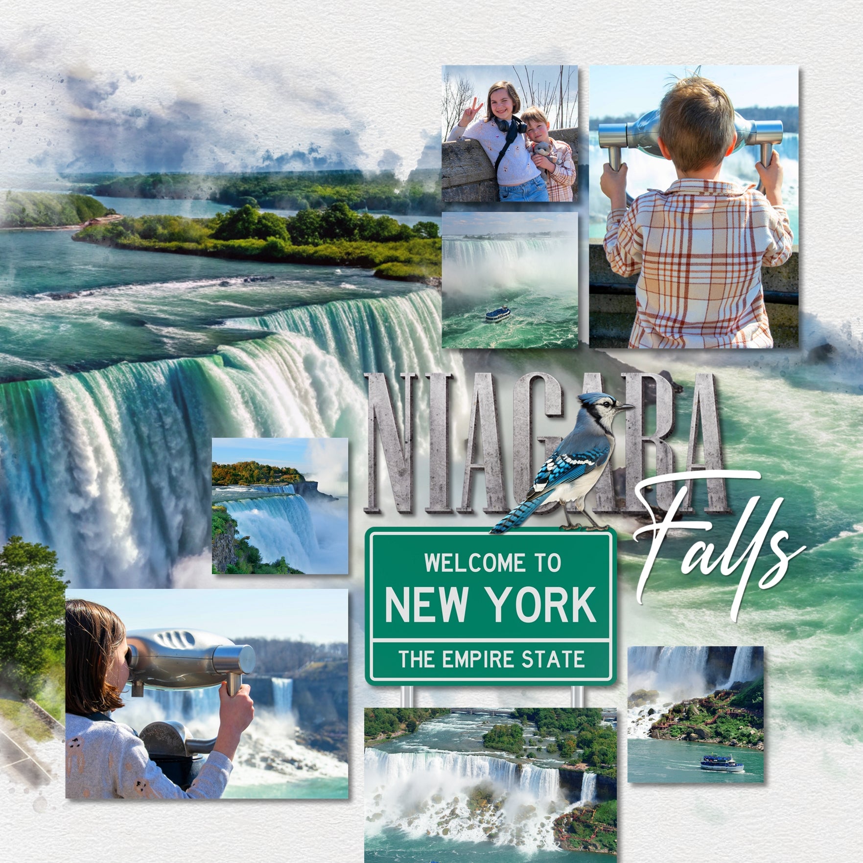 Celebrate New York with these beautiful realistic embellishments, clusters, masked scenic overlays, engraved stamps, and concrete alpha set by Lucky Girl Creative digital art for digital scrapbooking. Great for travel and vacations to New York, New York City, Upstate New York, downtown, Niagara Falls, Buffalo, Yonkers, Rochester, parts of Canada, and more. Embellishments include passenger airplane, small aircraft, airport sign, amusement park, Coney Island, carousel, bird, bluebird, Canadian Geese.