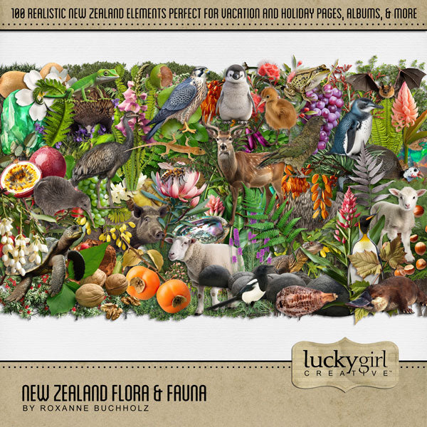 Highlight your vacation memories with these realistic digital art embellishments by Lucky Girl Creative. Great for digital scrapbooking holidays to New Zealand and Australia and exploring indigenous life as well as the flora and fauna of New Zealand and Polynesia! Can be used for tropical pages, too! Embellishments include animal, bat, emu, falcon, guinea fowl, Kea parrot, kiwi bird, magpie, penguin, deer, stag, Echidna, bee, Gecko Chevron Skink, Monitor Komodo dragon, Platypus, and more!