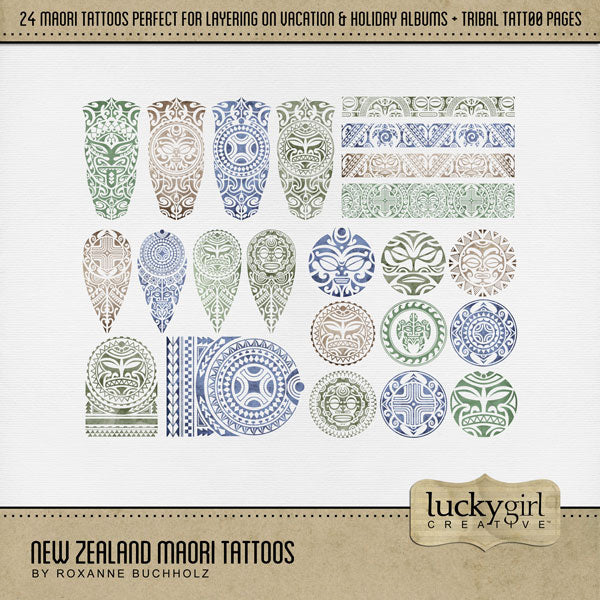 Highlight your vacation memories with these digital art tribal and Aboriginal tattoos by Lucky Girl Creative. Great for digital scrapbooking holidays to New Zealand and Australia and exploring indigenous life throughout Polynesia! The embellishments can be used as is, colorized, and filled with your favorite photos.