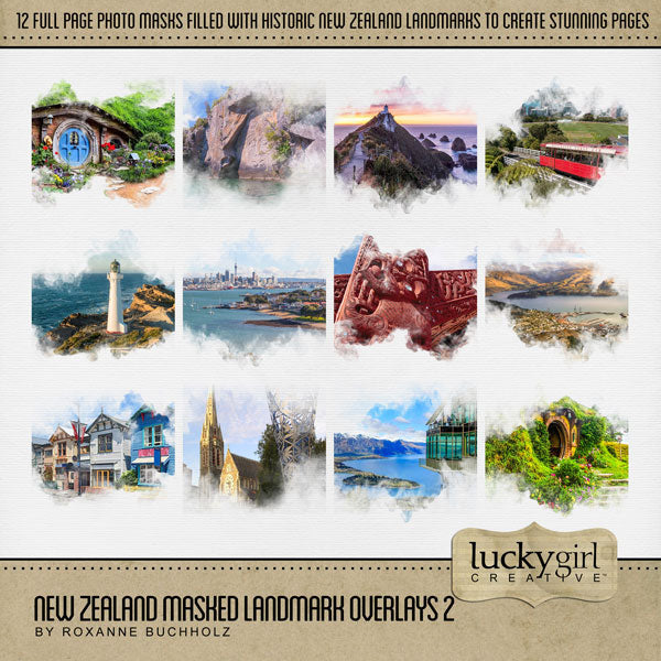 Highlight your vacation memories with these beautiful, digital landmark masked photo overlays by Lucky Girl Creative. Great for digital scrapbooking holidays to New Zealand and exploring native and indigenous life! With transparent edges, these masked photographs blend seamlessly into any background paper and make the perfect backdrop for all travel, vacation, and holiday pages.