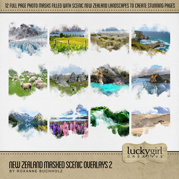 Highlight your vacation memories with these beautiful, digital scenic masked photo overlays by Lucky Girl Creative. Great for digital scrapbooking holidays to New Zealand and exploring native and indigenous life! With transparent edges, these masked photographs blend seamlessly into any background paper and make the perfect backdrop for all travel, vacation, and holiday pages.
