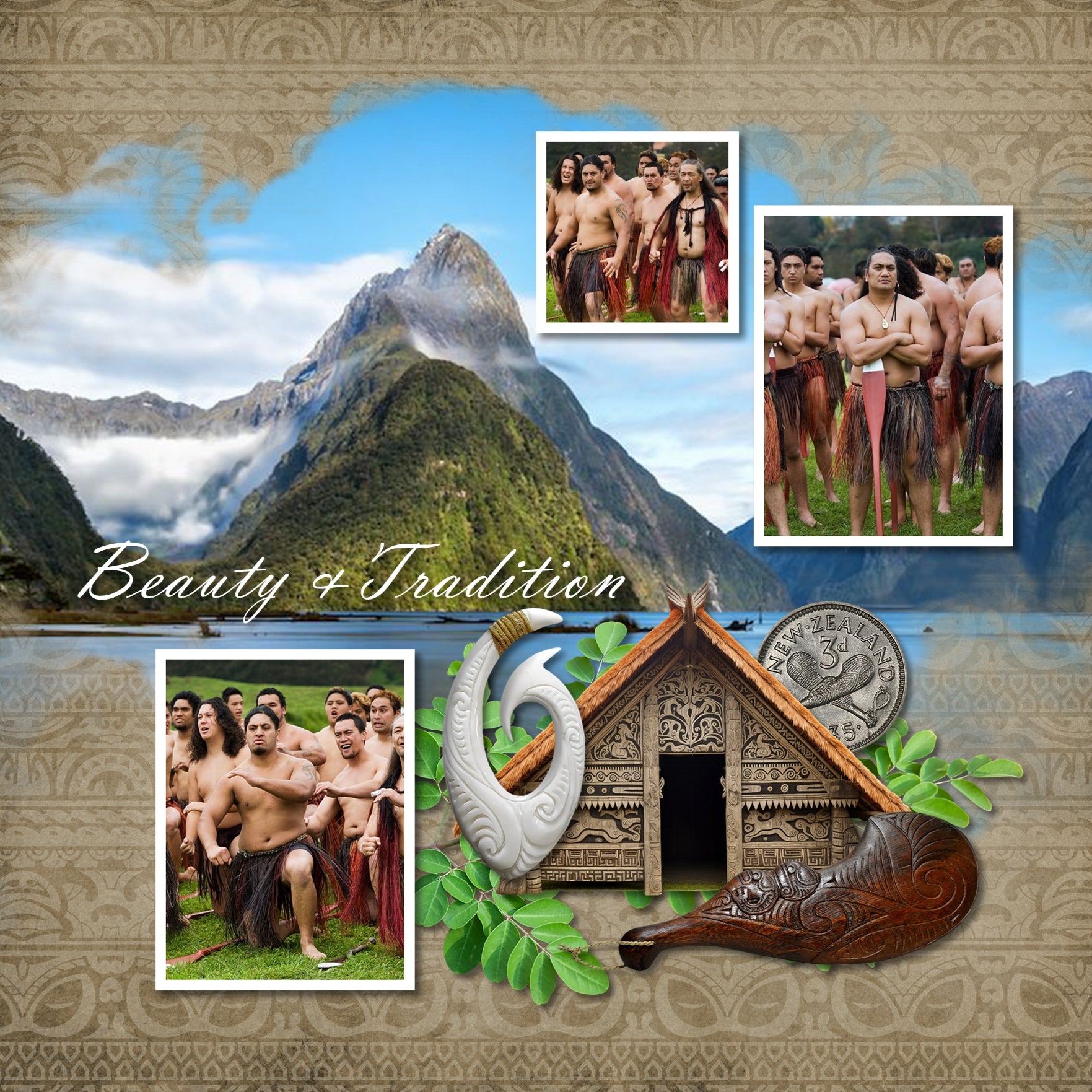 Highlight your vacation memories with these realistic digital art embellishments, grunge papers, patterned overlays, and Maori tattoos by Lucky Girl Creative. Great for digital scrapbooking holidays to New Zealand and Australia and exploring native and indigenous life throughout Polynesia! Embellishments include tram, incline train, coat of arms, coin, Maori flag, flags, territory, helicopter, kiwi fruit, Hobbit door, glacier, lighthouse, folk art, wood carving, Maori house hut, and more.