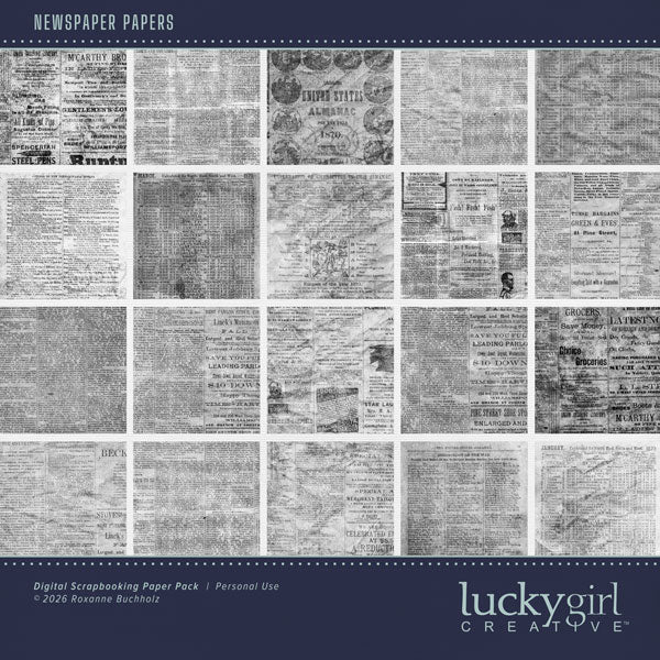 With vintage newsprint patterns in gray, these digital scrapbooking background papers by Lucky Girl Creative will add that touch of interest and authenticity to all your pages. This kit is included in the Paper Duo Newspaper & Stone Kit.