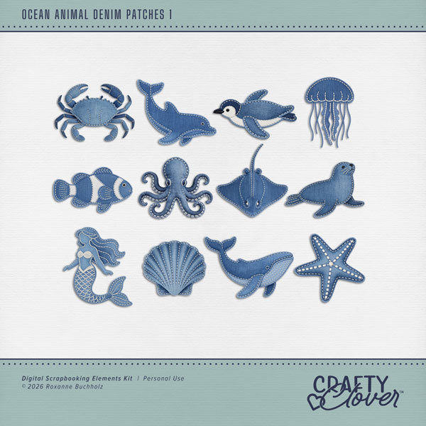 These playful denim ocean animals by Crafty Clover digital art for digital scrapbooking will add a touch of fun to all your beach and seaside adventures. Animals include crab, dolphin, fish, clown fish, jellyfish, octopus, penguin, seal, stingray, whale, mermaid, shell, seashell, and starfish. This kit is NOT included in any bundle.