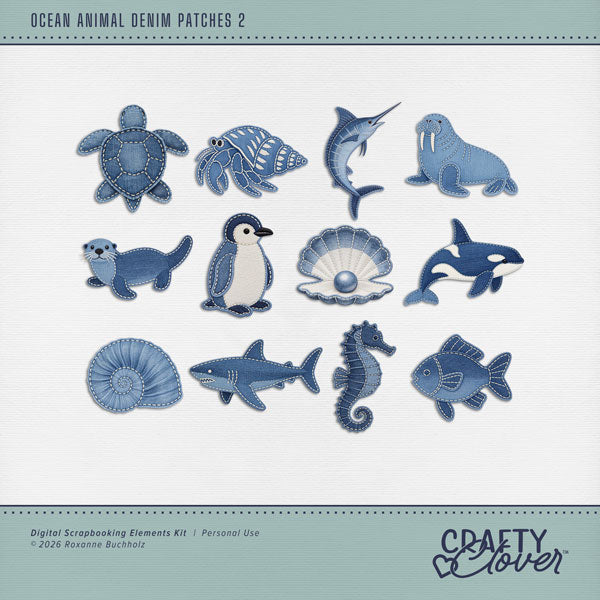 These playful denim ocean animals by Crafty Clover digital art for digital scrapbooking will add a touch of fun to all your beach and seaside adventures. Animals include fish, hermit crab, otter, penguin, seahorse, turtle, shark, swordfish, walrus, Orca whale, clam, shell, seashell, and pearl. This kit is NOT included in any bundle.