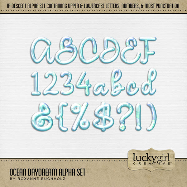 Shiny and fun, these iridescent script alphabet letters, numbers, and punctuation by Lucky Girl Creative digital art are great for adding a playful title to all your dreamy pages. The Ocean Daydream Alpha consists of a full set of holographic digital art uppercase alphabet letters A-Z, lowercase letters a-z, numbers 0-9, and most punctuation marks. This alpha set is available as individual embellishments only. This kit is included in the Ocean Daydream Bundle.