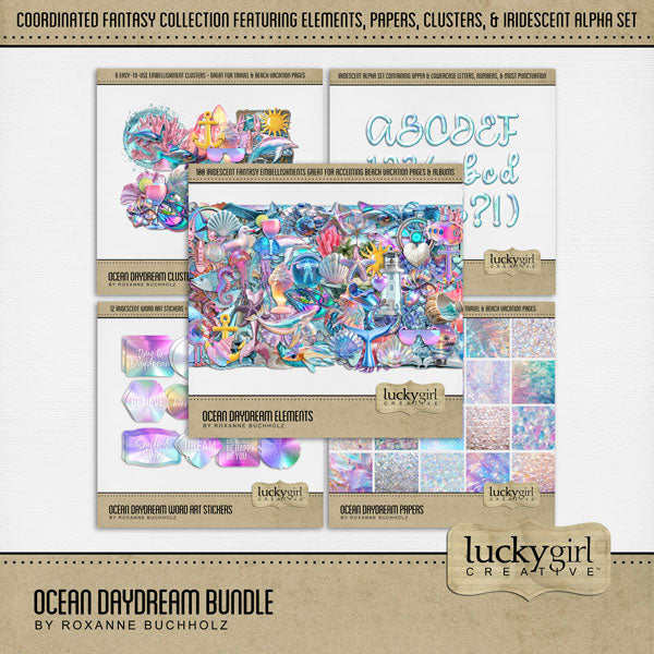 Shiny and fun, these iridescent embellishments, holographic papers, clusters, stickers, and alpha set by Lucky Girl Creative digital art are great for adding a playful touch to all your dreamy beach pages. Embellishments include airplane, anemone, seagull, crab, dolphin, fish, cuttlefish, flamingo, jellyfish, lobster, octopus, sea turtle, shark, squid, whale, beach bag, sailboat, boat, bubble, moon, clam, cloud, rock, cocktail, tropical drink, compass, coral, flip flops, flower, heart, ice cream, sundae