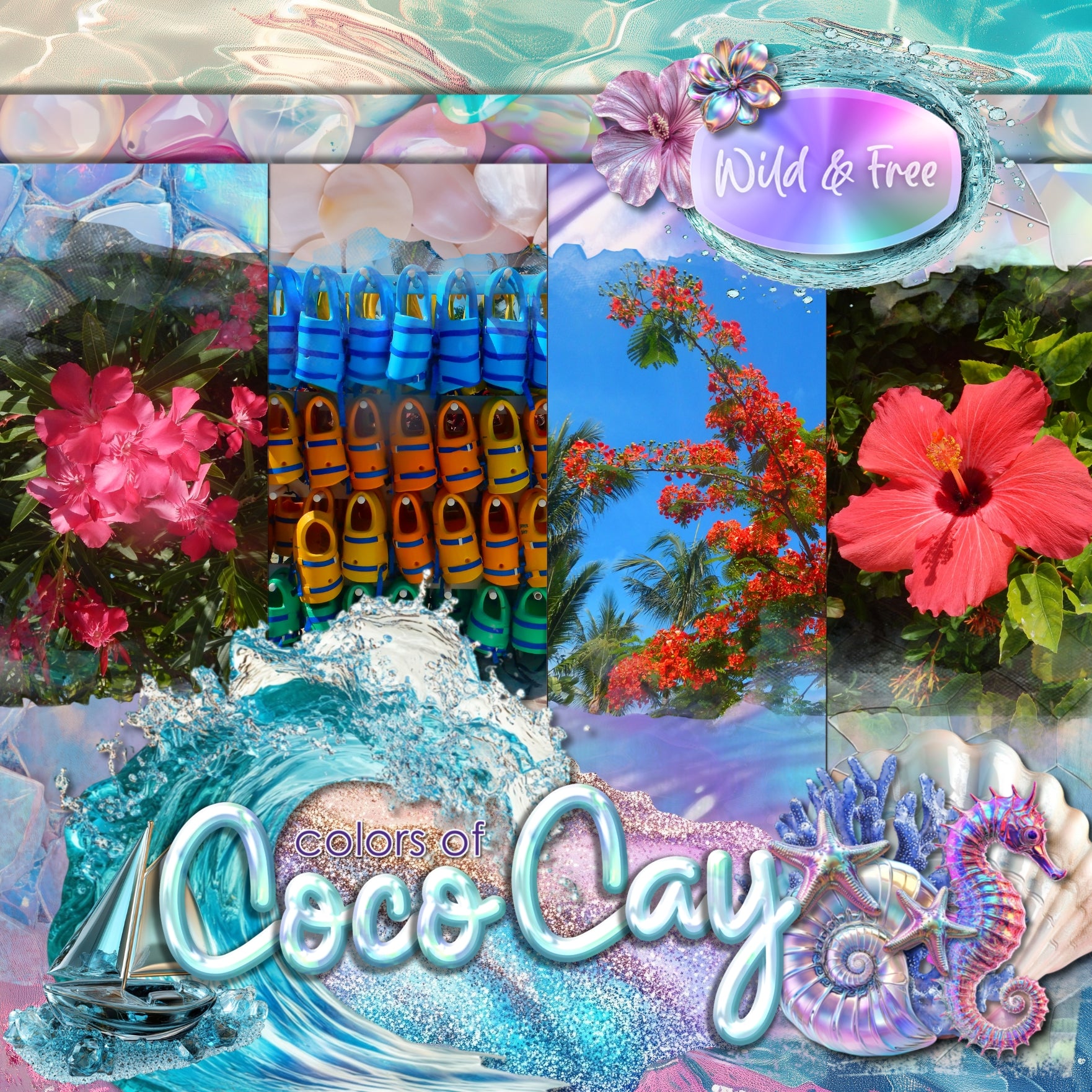Shiny and fun, these iridescent embellishments, holographic papers, clusters, stickers, and alpha set by Lucky Girl Creative digital art are great for adding a playful touch to all your dreamy beach pages. Embellishments include airplane, anemone, seagull, crab, dolphin, fish, cuttlefish, flamingo, jellyfish, lobster, octopus, sea turtle, shark, squid, whale, beach bag, sailboat, boat, bubble, moon, clam, cloud, rock, cocktail, tropical drink, compass, coral, flip flops, flower, heart, ice cream, sundae