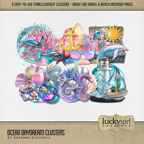 Shiny and fun, these easy-to-use iridescent cluster embellishments by Lucky Girl Creative digital art are great for adding a playful touch to all your dreamy beach pages. Cluster embellishments include fish, water, ocean, coral, anchor, sunglasses, surfboard, beach bag, sun, suitcase, dolphin, lobster, tropical drink, flower, flip flops, seahorse, seashells, sailboat, and lighthouse. This kit is included in the Ocean Daydream Bundle.
