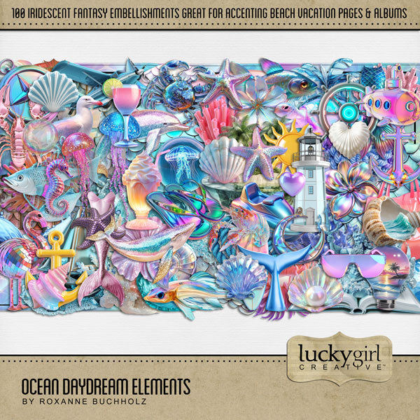 Shiny and fun, these iridescent embellishments by Lucky Girl Creative digital art are great for adding a playful touch to all your dreamy beach pages. Embellishments include airplane, anemone, seagull, crab, dolphin, fish, cuttlefish, flamingo, jellyfish, lobster, octopus, sea turtle, shark, squid, whale, beach bag, sailboat, boat, bubble, moon, clam, cloud, rock, cocktail, tropical drink, compass, coral, flip flops, flower, heart, ice cream, sundae, island, jet ski, lighthouses, mermaid scales, mermaid