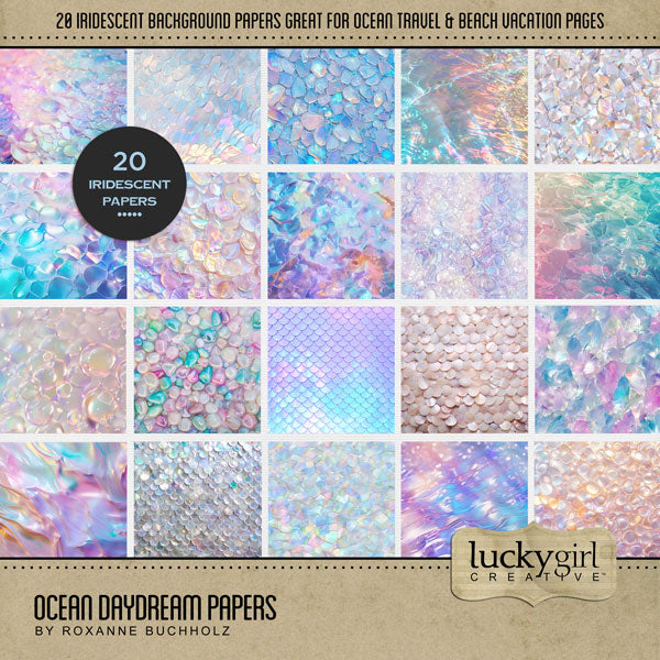 Shiny and fun, these iridescent digital papers by Lucky Girl Creative digital art are great for adding a playful touch to all your dreamy pages. With patterns of mermaid tails, shells, water, and pearl, these holographic papers are great for beach vacations and daydreaming! This kit is included in the Ocean Daydream Bundle.