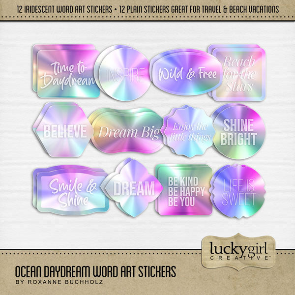 Shiny and fun, these iridescent word art stickers by Lucky Girl Creative digital art are great for adding a playful touch to all your dreamy digital scrapbooking pages. This inspirational kit includes 12 holographic word art stickers + 12 plain stickers to create your own page titles or journaling boxes. Word art embellishments include Time to Daydream, Inspire, Wild & Free, Reach for the Stars, Believe, Dream Big, Enjoy the Little Things, Shine Bright, Smile & Shine, Dream, Be Kind. Be happy. Be You.