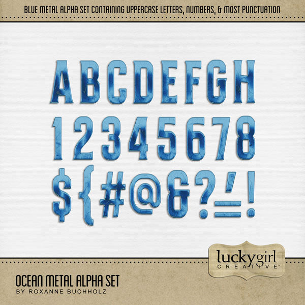 Add these blue metal letters, numbers, and punctuation by Lucky Girl Creative digital art to all your digital scrapbooking pages and mix-and-match them on various projects throughout the year! Great for beach, ocean, vacations to Hawaii or the Caribbean, mermaid parties, pool, swimming lessons, and summer! The Ocean Metal Alpha Set consists of a full set of digital art uppercase alphabet letters A-Z, numbers 0-9, and most punctuation marks. This alpha set is available as individual embellishments only.