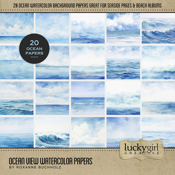 Capture all your beach and ocean activities with these beautiful watercolor wave background papers by Lucky Girl Creative digital art. Great for layering on beach, ocean, sea, pool, travel, sailing, and vacation pages! This digital scrapbooking kit is included in the Ocean Watercolor Bundle.