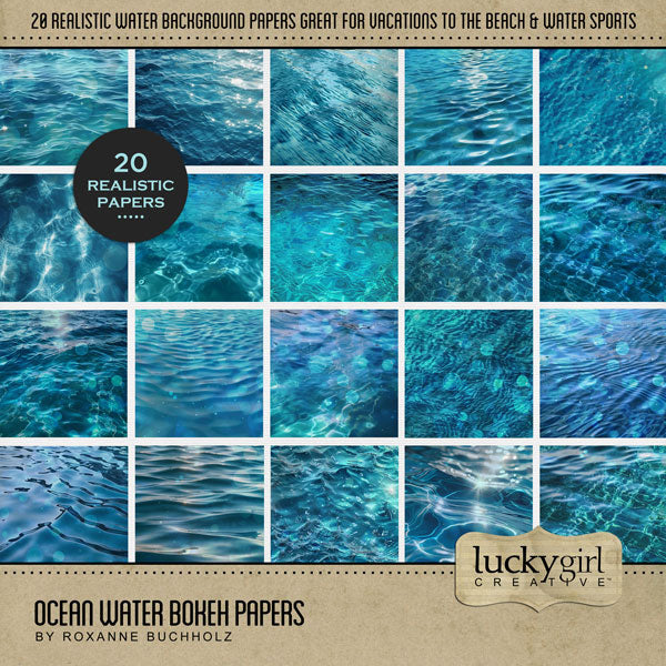 In tones of blue, these beautiful ocean and sea bokeh papers by Lucky Girl Creative digital art for digital scrapbooking are great for beach, sea, and ocean vacations! This kit is included in the Paper Duo Ocean Water Bokeh Kit.