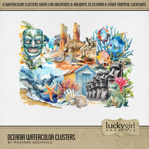 Add these beautiful watercolor clusters by Lucky Girl Creative digital art to all your digital scrapbooking pages to easily create memorable Oceania pages and albums! Great for vacations to Australia, New Zealand, Fiji, Samoa, Micronesia, and many islands found in the Pacific ocean. Embellishments feature the ocean, Indigenous tribal mask, whale, water splash, kangaroo, the Outback, tropical flowers, and Easter Island carved stone. This kit is included in the Oceania Watercolor Bundle.