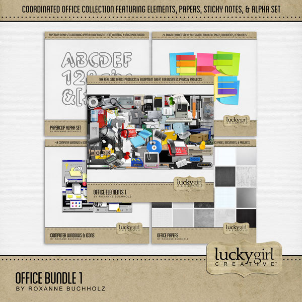 There are so many things going on around an office! From managing and marketing, to hiring and firing, and everything in between. Document what goes on in your business world with these realistic office embellishments, papers, sticky notes, computer windows, and alpha set by Lucky Girl Creative digital art for digital scrapbooking. Great for employees, clients, business owners, sales people, and school projects, too! Embellishments include binders, briefcase, cabinet, calculator, calendar, chair, circuit