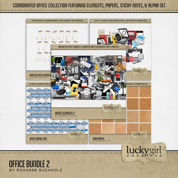 There are so many things going on around an office! From managing and marketing, to hiring and firing, and everything in between. Document what goes on in your business world with these realistic office embellishments, cork papers, clusters, enamel pins, and alpha set by Lucky Girl Creative digital art for digital scrapbooking. Great for employees, clients, business owners, sales people, and school projects, too! Embellishments include binding machine, briefcase, cabinet, file, calculator, clip, clock