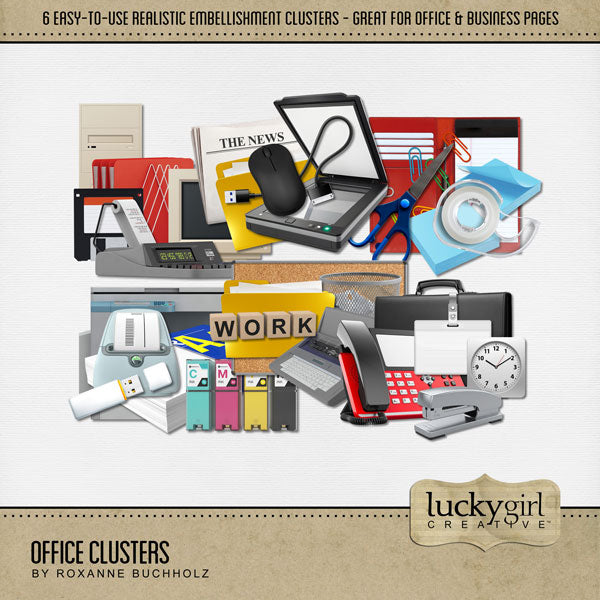 There are so many things going on around an office! From managing and marketing, to hiring and firing, and everything in between. Document what goes on in your business world with these easy-to-use embellishment clusters by Lucky Girl Creative digital art. Great for employees, clients, business owners, and sales people. This kit is included in the Office Bundle 2.