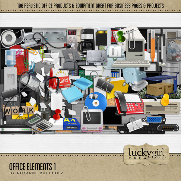 There are so many things going on around an office! From managing and marketing, to hiring and firing, and everything in between. Document what goes on in your business world with these realistic office embellishments by Lucky Girl Creative digital art for digital scrapbooking. Great for employees, clients, business owners, sales people, and school projects, too! Embellishments include binders, briefcase, cabinet, calculator, calendar, chair, circuit board, clip, coffee maker, disk, floppy disk drive