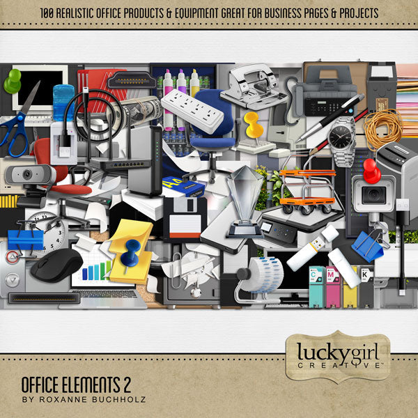 There are so many things going on around an office! From managing and marketing, to hiring and firing, and everything in between. Document what goes on in your business world with these realistic office embellishments by Lucky Girl Creative digital art for digital scrapbooking. Great for employees, clients, business owners, sales people, and school projects, too! Embellishments include binding machine, briefcase, cabinet, file, calculator, clip, clock, coffee maker, computer, disk, graphic, chart, keyboard,