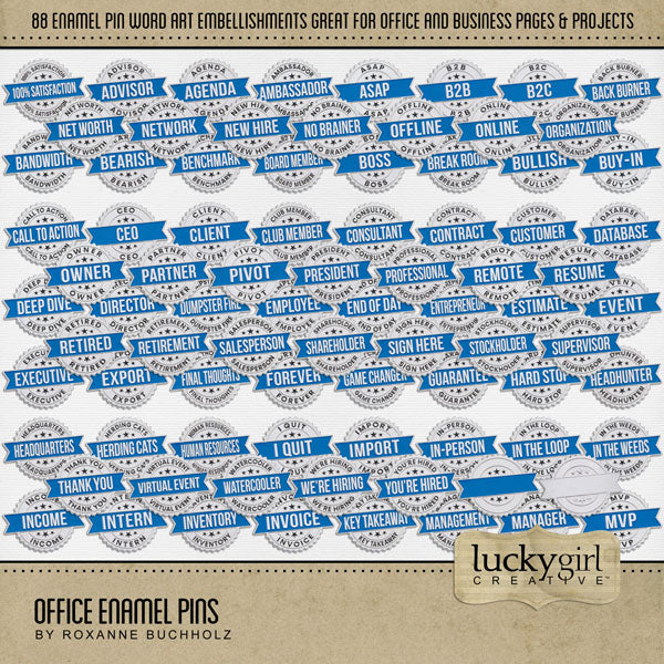 There are so many things going on around an office! From managing and marketing, to hiring and firing, and everything in between. Document what goes on in your business world with these 88 enamel pins by Lucky Girl Creative digital art. Great for employees, clients, business owners, and sales people. This kit is included in the Office Bundle 2.