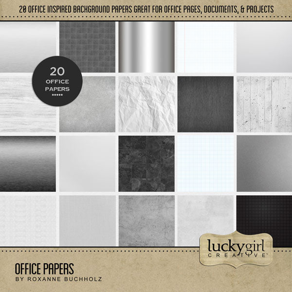 There are so many things going on around an office! From managing and marketing, to hiring and firing, and everything in between. Document what goes on in your business world with these textured background papers by Lucky Girl Creative digital art. Textures include metal wood, rubber, concrete, crumbed paper, tile, and more. This kit is included in the Office Bundle 1.