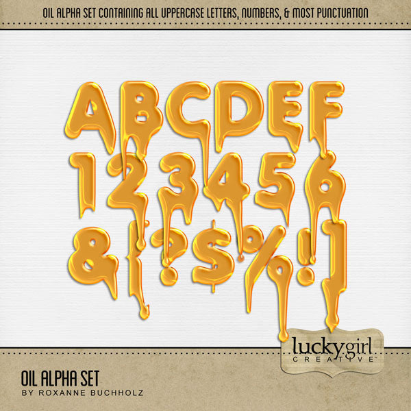 These oil drip alphabet letters, numbers, and punctuation by Lucky Girl Creative digital art are the perfect addition to any of your garage and racing digital scrapbooking pages. This set can be used for olive oil and honey pages, too! The Oil Alpha Set consists of a full set of digital art uppercase alphabet letters A-Z, numbers 0-9, and most punctuation marks. This alpha set is available as individual embellishments only. This kit is included in the Garage Bundle.