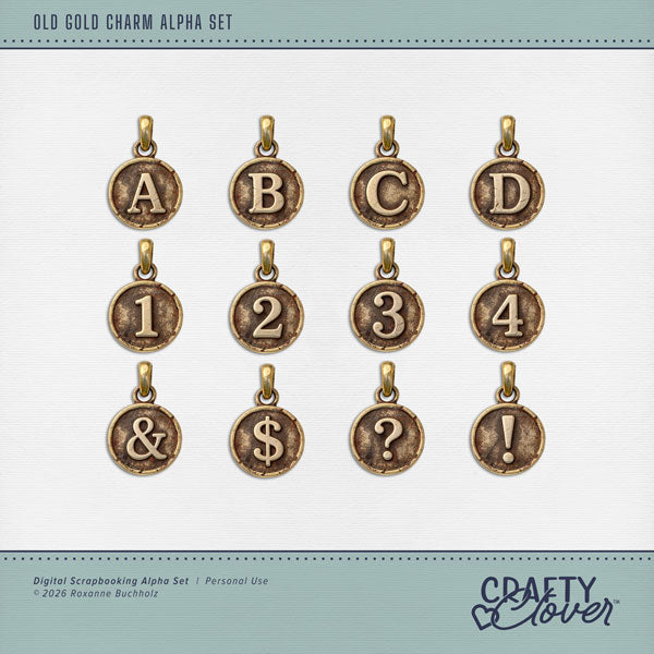 Capture life's most memorable moments with these gold grunge alphabet, number, and punctuation charms by Crafty Clover digital art designed for creating unique digital scrapbooking page titles. This digital scrapbooking collection is perfect for preserving vacations, family adventures, celebrations, everyday memories, and all the little moments worth remembering. Document your favorite memories with a little extra luck and a whole lot of style! This kit is NOT included in any bundle.
