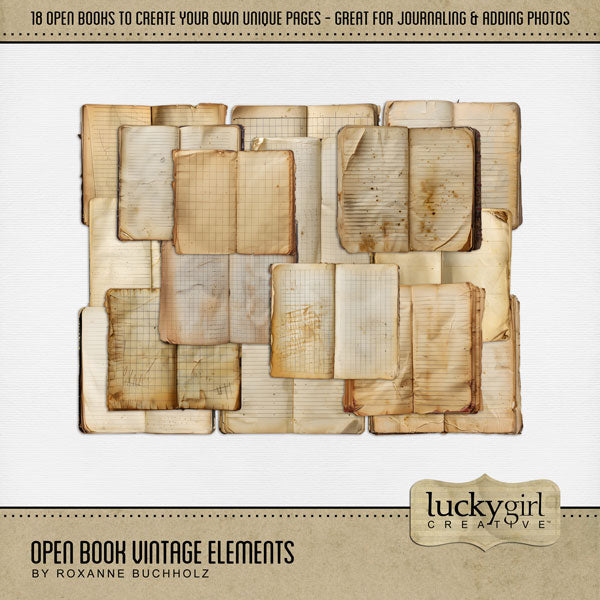 Filled with vintage book embellishments and papers, this digital scrapbooking kit by Lucky Girl Creative digital art is great for adding journaling spots and telling your story, whether it is a personal project or a heritage and genealogy album. From weathered and tattered books to lined and wrinkled paper with chipboard finishes, these digital scrapbooking elements and papers will add warmth to all your pages.