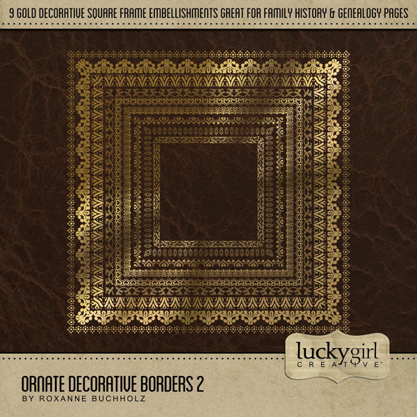Accent your vintage family history and genealogy pages with these beautiful gilded gold decorative borders by Lucky Girl Creative digital art for digital scrapbooking in a square format. Perfect for historical sites, the library, and masculine pages, too! This kit is included in the Vintage Book Covers Bundle.
