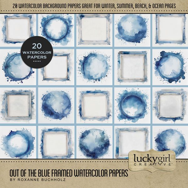 Create beautiful sunny summer or snowy winter pages with these inspirational watercolor digital scrapbooking framed background papers by Lucky Girl Creative digital art. Great for beach, ocean, and pool pages as well as snow, ice, and winter pages. The blue and white watercolor papers looks like water splashes or abstract snow! This kit is included in the Out of the Blue Watercolor Papers Bundle.