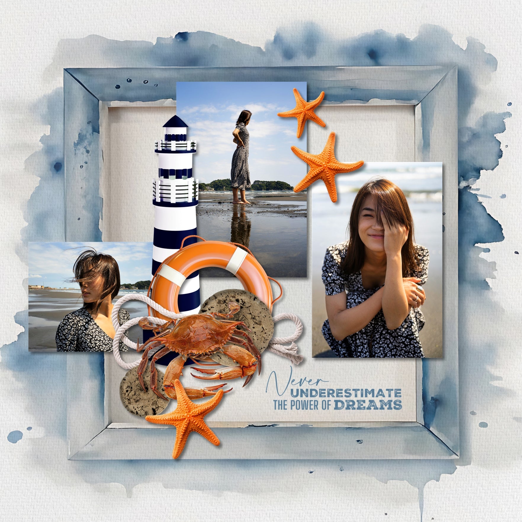 Create beautiful sunny summer or snowy winter pages with these inspirational watercolor digital scrapbooking framed background papers by Lucky Girl Creative digital art. Great for beach, ocean, and pool pages as well as snow, ice, and winter pages. The blue and white watercolor papers looks like water splashes or abstract snow! This kit is included in the Out of the Blue Watercolor Papers Bundle.