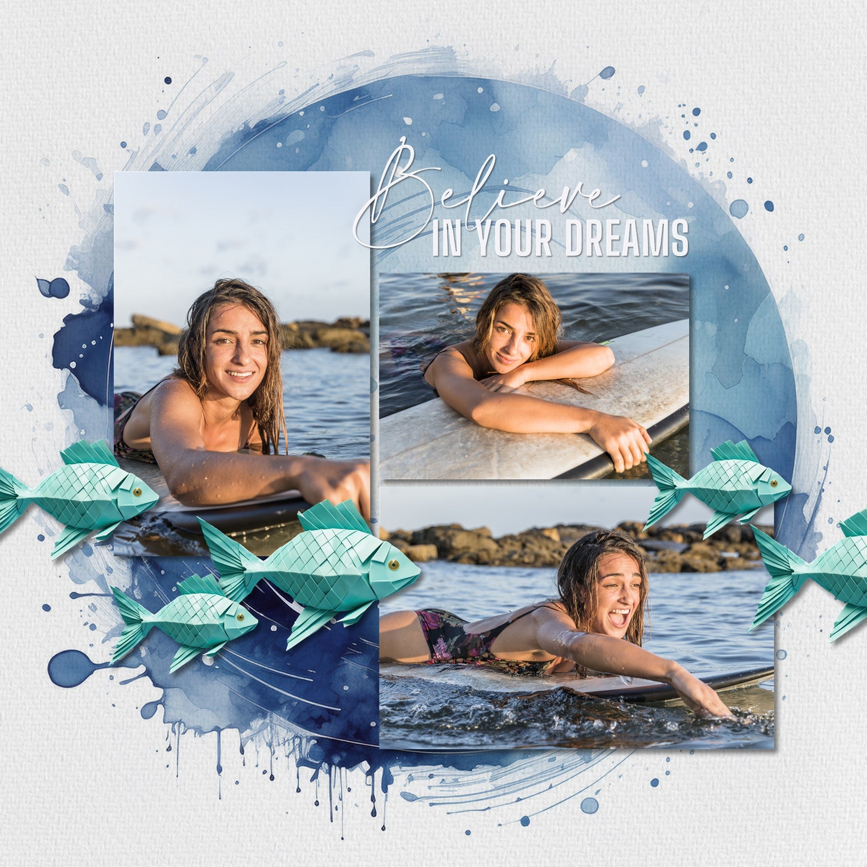 Create beautiful sunny summer or snowy winter pages with these inspirational watercolor digital scrapbooking framed background papers by Lucky Girl Creative digital art. Great for beach, ocean, and pool pages as well as snow, ice, and winter pages. The blue and white watercolor papers looks like water splashes or abstract snow! This kit is included in the Out of the Blue Watercolor Papers Bundle.