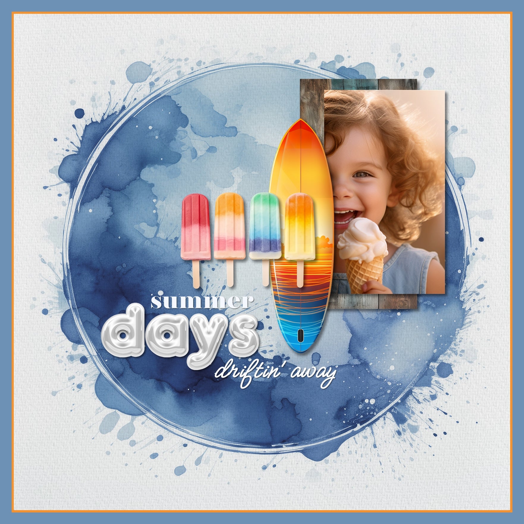 Create beautiful sunny summer or snowy winter pages with these inspirational watercolor digital scrapbooking framed background papers by Lucky Girl Creative digital art. Great for beach, ocean, and pool pages as well as snow, ice, and winter pages. The blue and white watercolor papers looks like water splashes or abstract snow! This kit is included in the Out of the Blue Watercolor Papers Bundle.