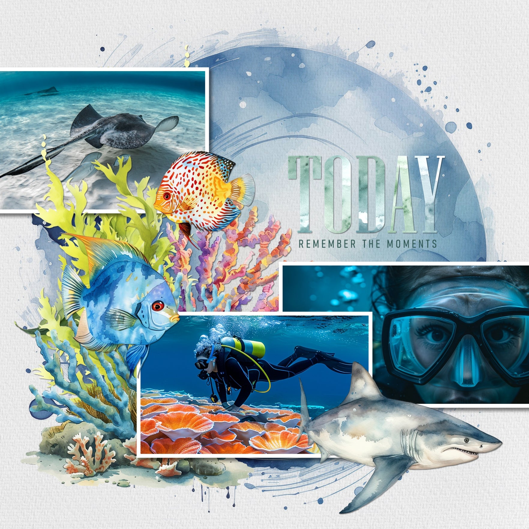 Create beautiful sunny summer or snowy winter pages with these inspirational watercolor digital scrapbooking framed background papers by Lucky Girl Creative digital art. Great for beach, ocean, and pool pages as well as snow, ice, and winter pages. The blue and white watercolor papers looks like water splashes or abstract snow! This kit is included in the Out of the Blue Watercolor Papers Bundle.