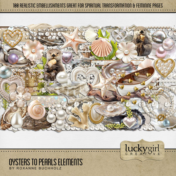 She is just like a pearl - made from grit but full of grace. She is unstoppable. Through hardship, time, and transformation, great beauty develops just as grit in an oyster turns into a pearl. These realistic and beautiful embellishments by Lucky Girl Creative digital art will add beauty to your spiritual transformation journey. Great for beach vacations and weddings, too! Embellishments include otter, shell, seashell, coastal rocks, decorative mats for journaling, flower, frame, crown, pearls, pearl, heart